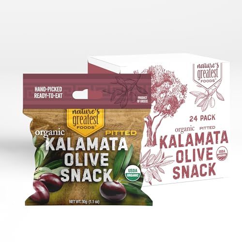 Organic Kalamata Pitted Olive Snack by Natures Greatest Foods - 1.1 Oz - Ready to Eat, Freshly Seasoned, Low Calorie &amp; Nutritious, Gluten Free, Kosher, Product of Greece (Pack of 24)