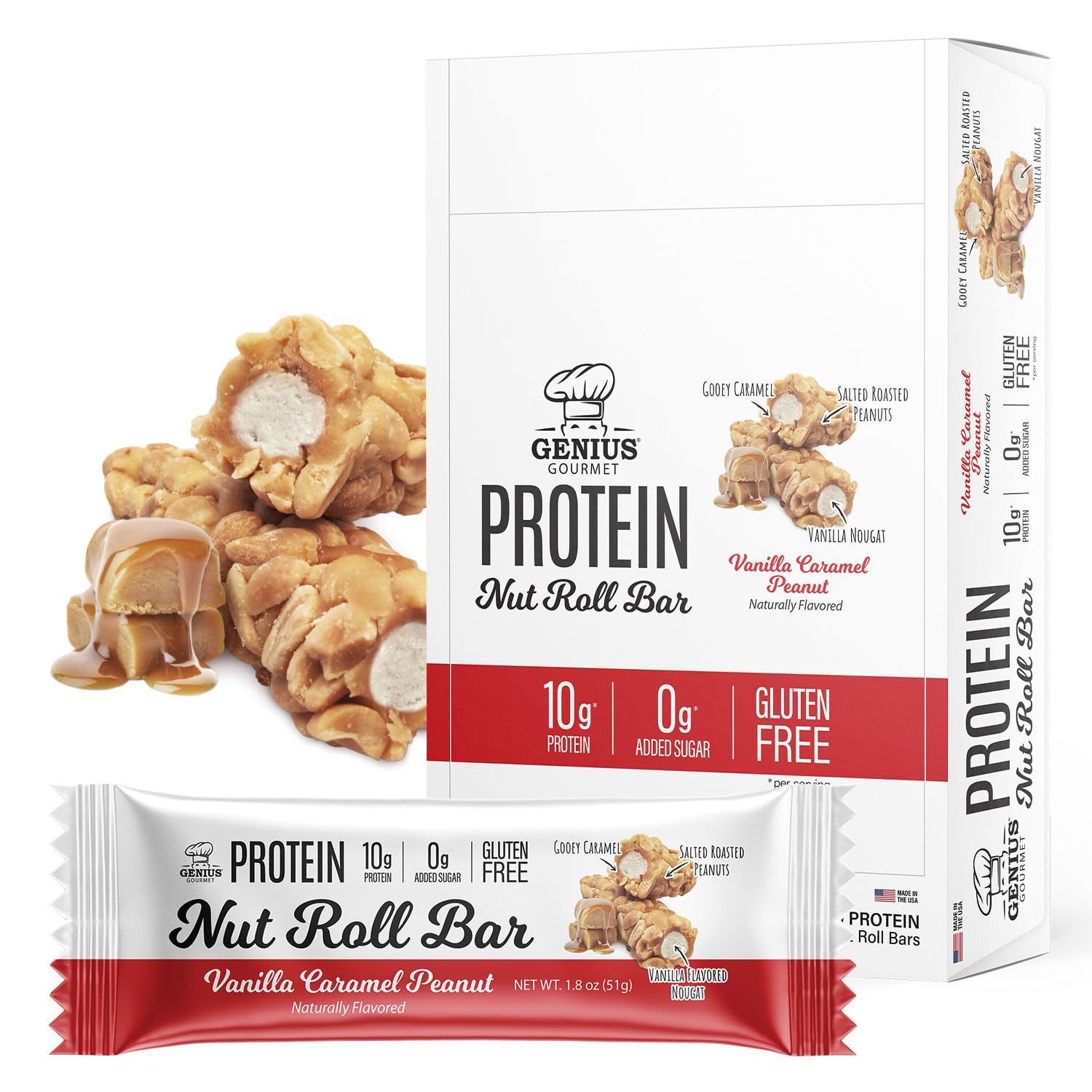 Genius Gourmet Nut Roll Bars Vanilla Caramel Peanut - 10g Protien, Zero Added Sugar, Gluten Free, Non-GMO - Sweet Snack &amp; Dessert for Adults and Kids - 10 Ct Box
