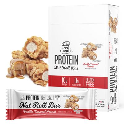 Genius Gourmet Nut Roll Bars Vanilla Caramel Peanut - 10g Protien, Zero Added Sugar, Gluten Free, Non-GMO - Sweet Snack &amp; Dessert for Adults and Kids - 10 Ct Box