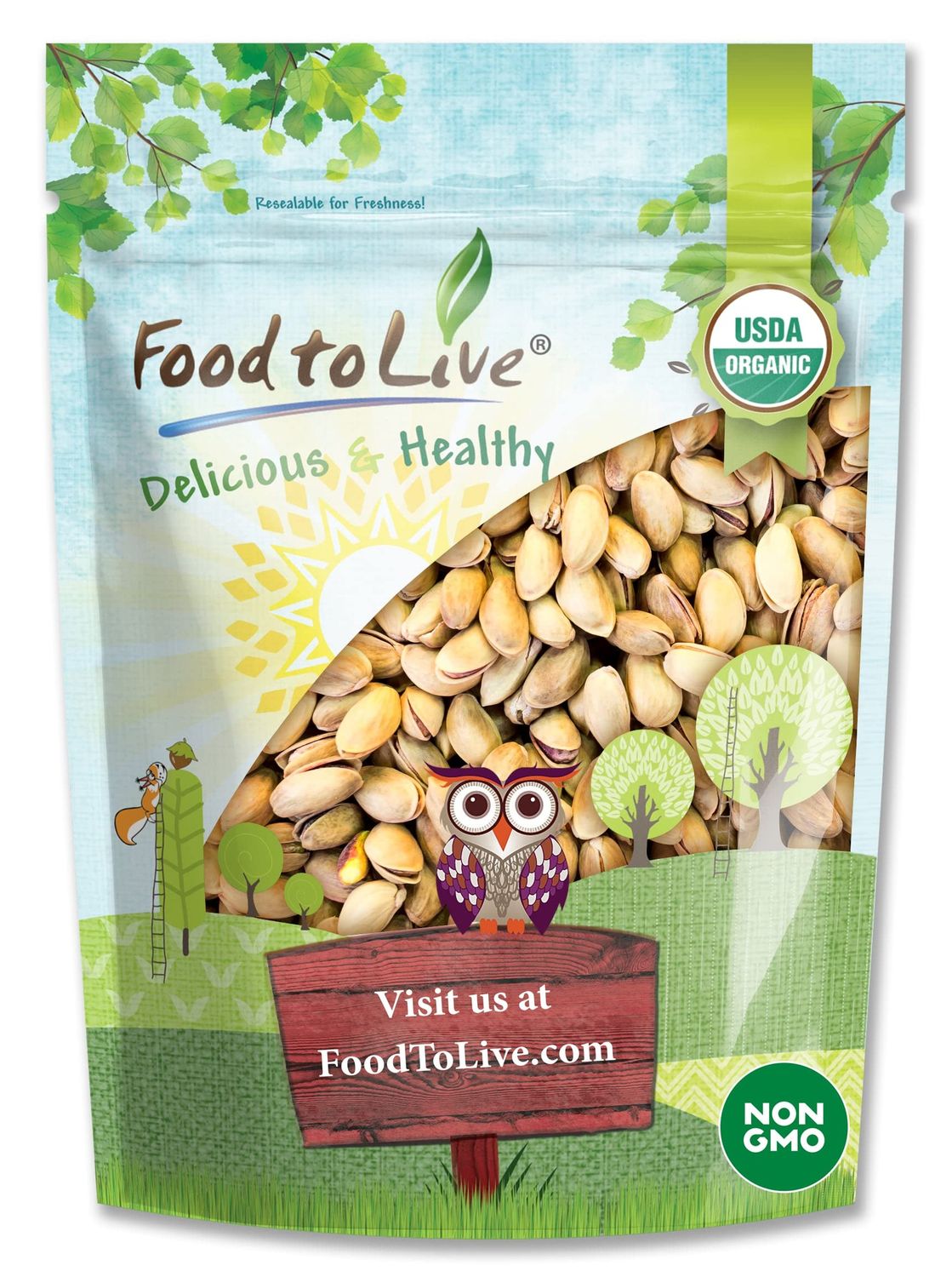 Food to Live Organic Pistachios, 8 Ounces In Shell, Dry Roasted with Sea Salt, Non-GMO, Kosher, Vegan, Bulk