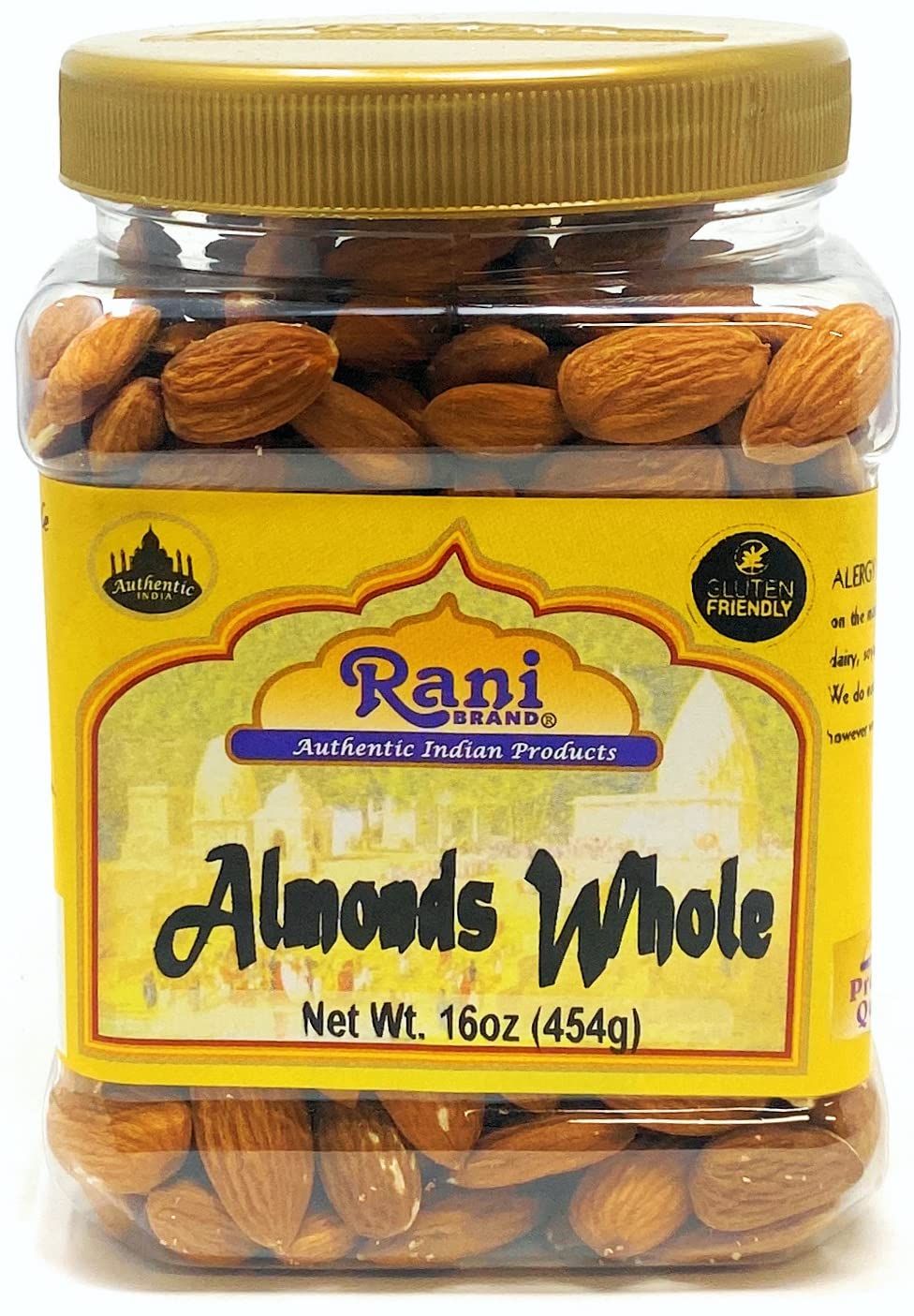 Rani Almonds, Raw Whole With Skin (uncooked, unsalted) 16oz (1lb) 454g PET Jar  All Natural  Vegan  Gluten Friendly  Fresh Product of USA  California Shelled Almonds