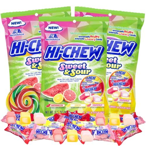 Sweetzo - Candy Sweet and Sour Mix, Watermelon, Grapefruit, and Lemon Individually Wrapped Chewy Candies, Pack of 3, 3.17 Ounces Each