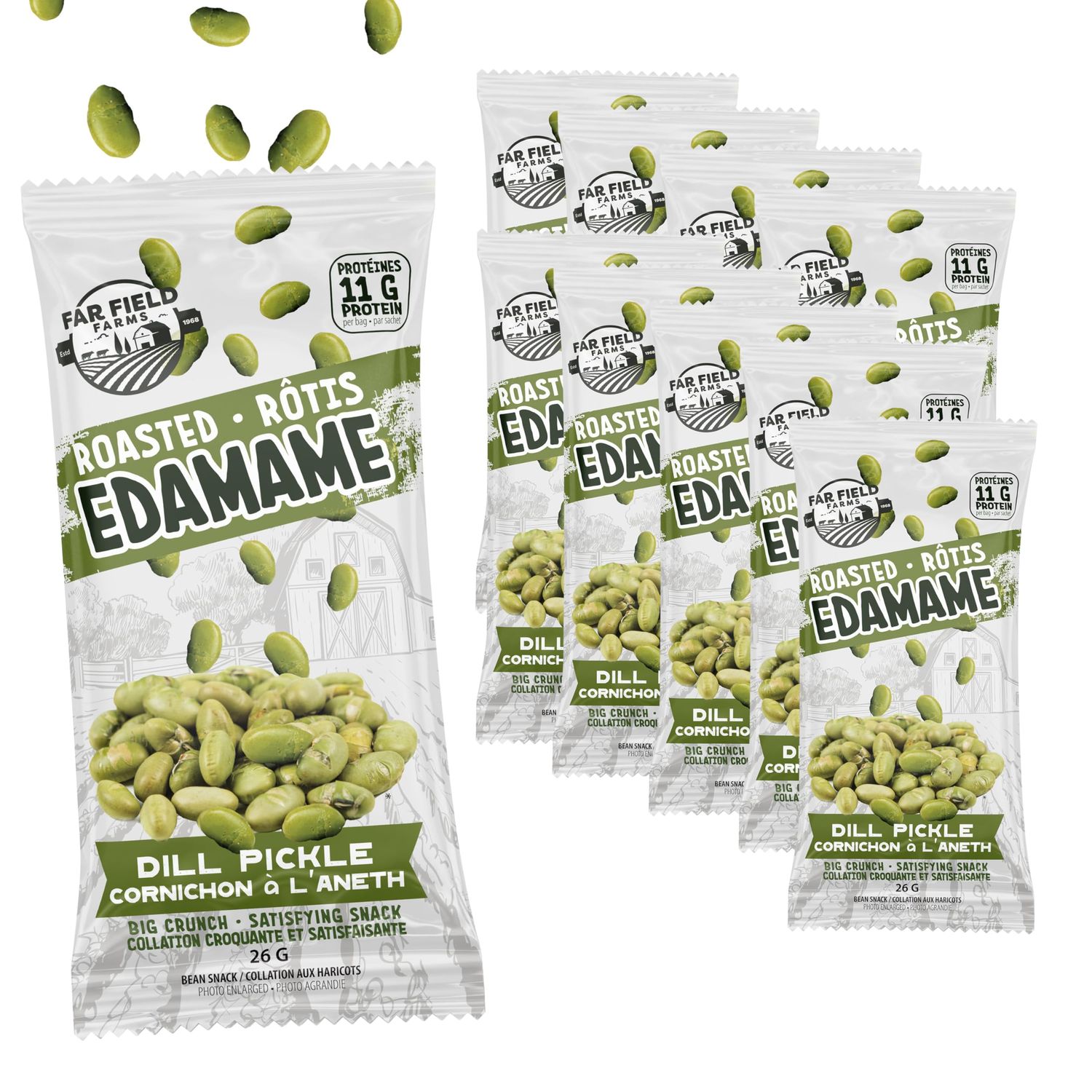 Far Field Crunchy Roasted Edamame Beans, Dill Pickle, 10 Bags, 11g Protein per Bag, Healthy Snack for Kids &amp; Adults, Very High in Protein, 26 Grams Each