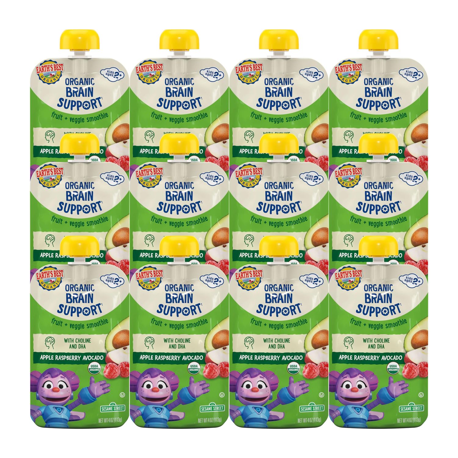 Earth&#39;s Best Organic Kids Snacks, Sesame Street Toddler Snacks, Brain Support Fruit Smoothie for Toddlers 2 Years and Older, Apple Raspberry Avocado, 4 oz (Pack of 12)