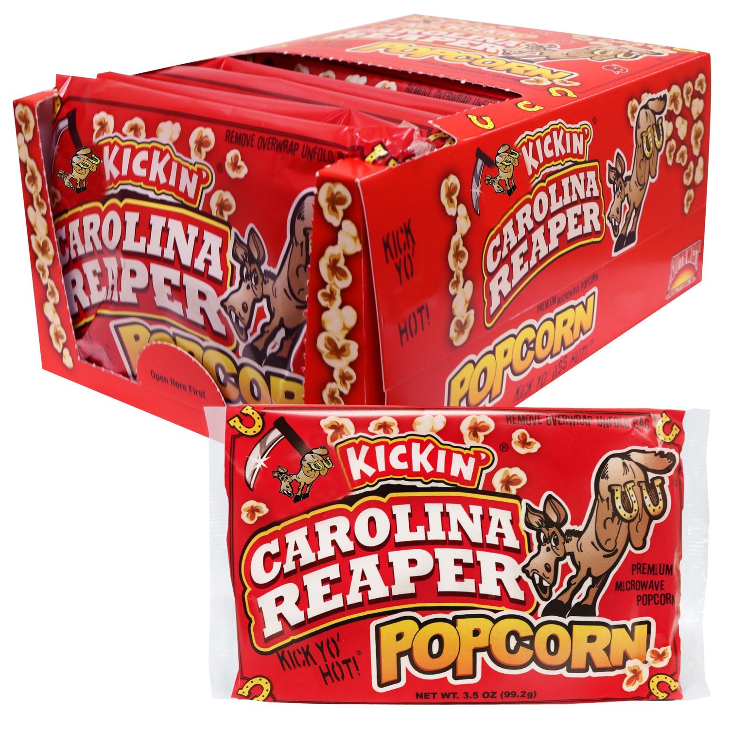 KICKIN Carolina Reaper Pepper Microwave Popcorn - 12 Pack - Ultimate Spicy Gourmet Gift Popcorn - Makes a Great Movie Theater Popcorn or Snack Food - Try if you dare!