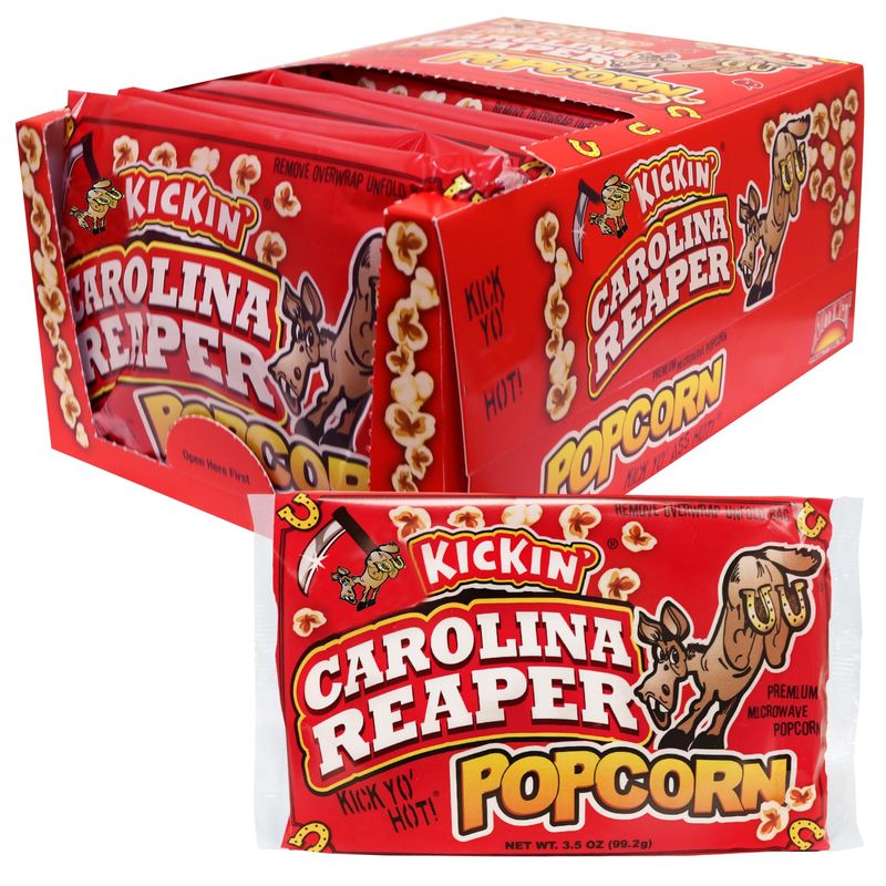 KICKIN Carolina Reaper Pepper Microwave Popcorn - 12 Pack - Ultimate Spicy Gourmet Gift Popcorn - Makes a Great Movie Theater Popcorn or Snack Food - Try if you dare!