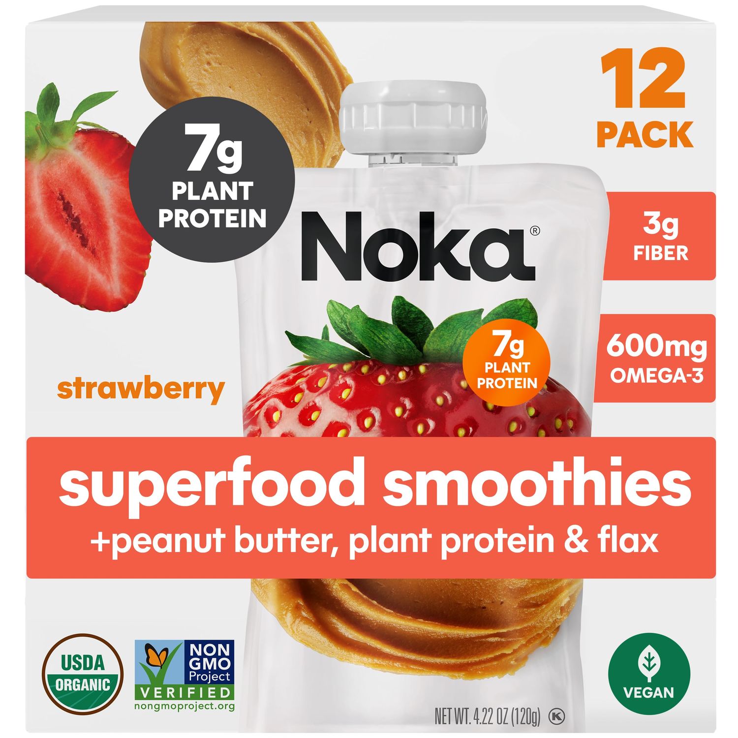 Noka Superfood Fruit &amp; Nut Butter Smoothie Pouches, Healthy Snacks (Strawberry Peanut Butter) 12 Pack, Vegan, Plant Protein, Gluten-Free, Organic, Meal Replacement Squeeze Packs, 4.22oz Ea