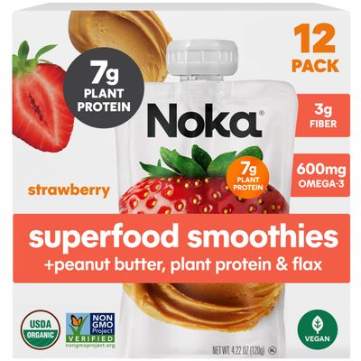 Noka Superfood Fruit &amp; Nut Butter Smoothie Pouches, Healthy Snacks (Strawberry Peanut Butter) 12 Pack, Vegan, Plant Protein, Gluten-Free, Organic, Meal Replacement Squeeze Packs, 4.22oz Ea