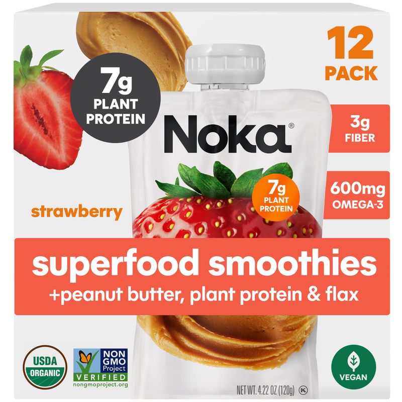 Noka Superfood Fruit &amp; Nut Butter Smoothie Pouches, Healthy Snacks (Strawberry Peanut Butter) 12 Pack, Vegan, Plant Protein, Gluten-Free, Organic, Meal Replacement Squeeze Packs, 4.22oz Ea