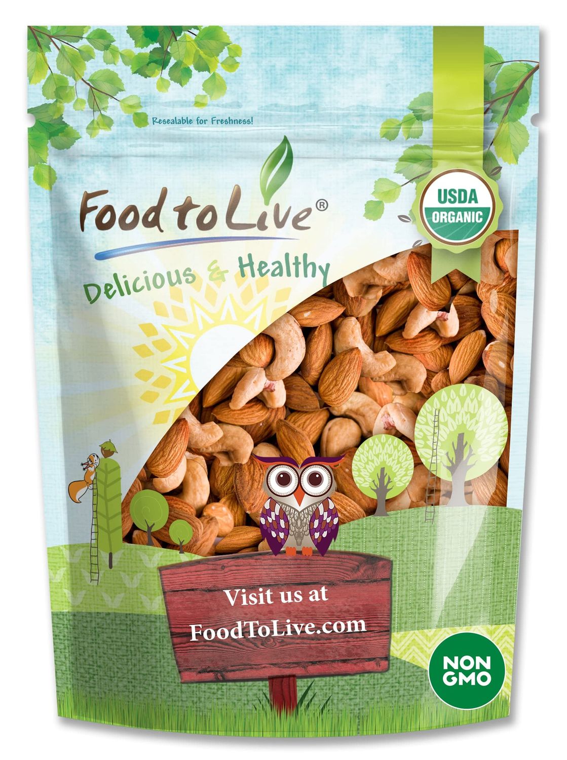 Food to Live Organic Almonds and Cashews Mix, 1 Pound - Oven Roasted Nuts with Himalayan Salt, Non-GMO, Protein Rich Trail Mix, Healthy Vegan Snack, No Oil Added, Kosher Blend, Bulk
