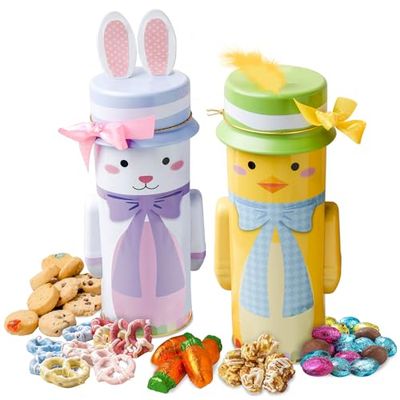 Easter Gift Basket  Snack and Treat Filled Easter Candy Bunny and Chick Tins  Perfect for Kids, Families, 2 Count  Bonnie and Pop