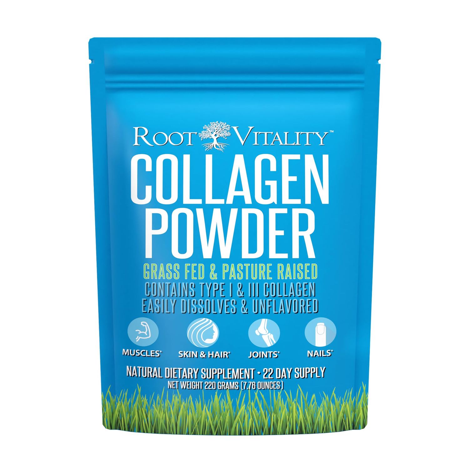 Root Vitality Collagen Peptides Powder - Grass-Fed, Pasture-Raised Hydrolyzed Protein Supplement for Skin, Hair, &amp; Nails - Non-GMO, Zero Sugar Daily Supplement for Men &amp; Women (22 Servings)
