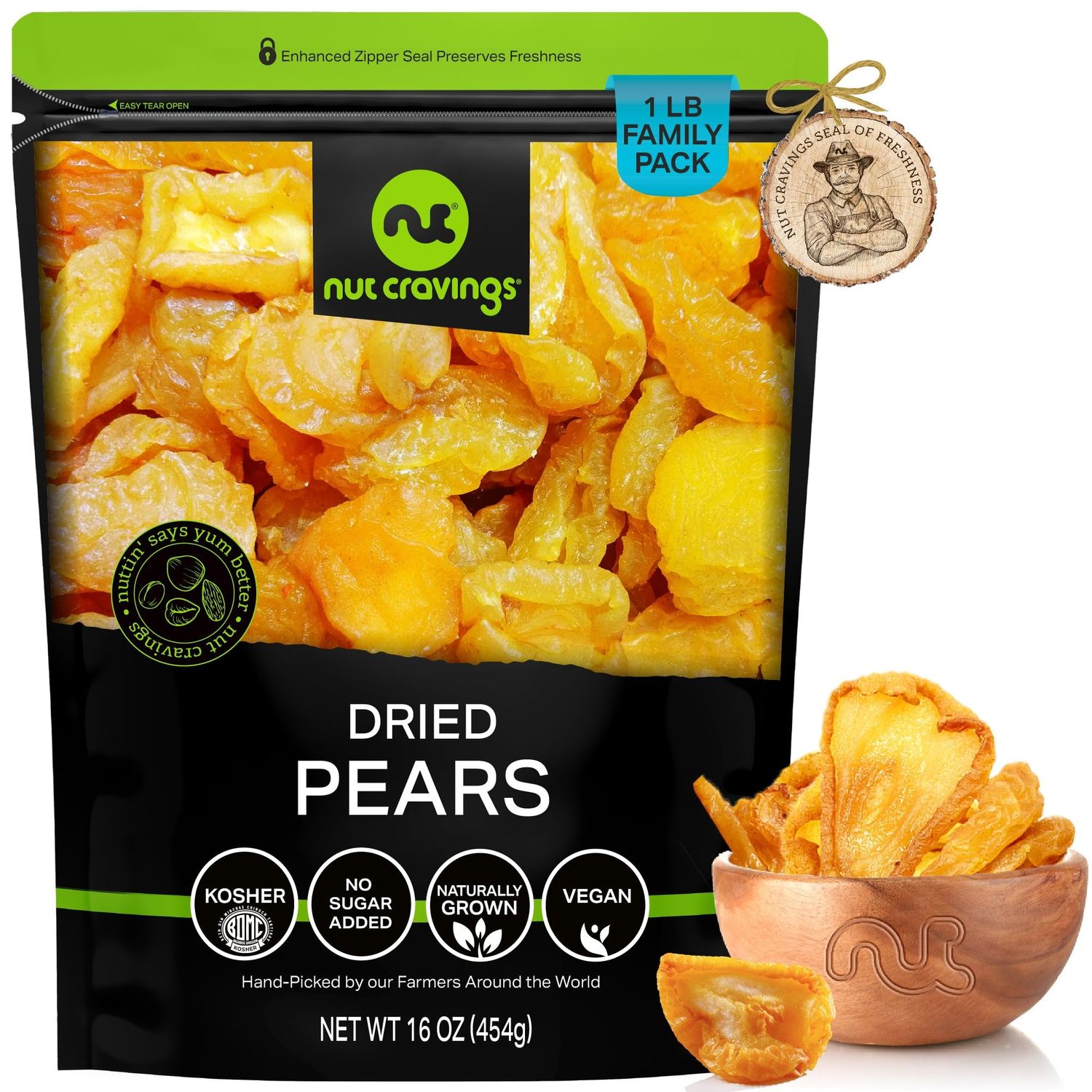 NUT CRAVINGS Dry Fruits - Sun Dried California Pears, No Sugar Added (16oz - 1 LB) Packed Fresh in Resealable Bag - Sweet Snack, Healthy Food, Naturally Grown, Vegan, Kosher Certified