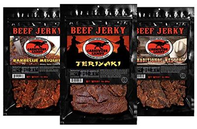 JURASSIC JERKYS Carnivore Candy Beef Jerky, Flavors Variety Pack, Teriyaki, Barbecue Mesquite and Traditional Western, Food on the Go, Full of Protein Lunch Snack Sticks - (3) 3 oz bags.