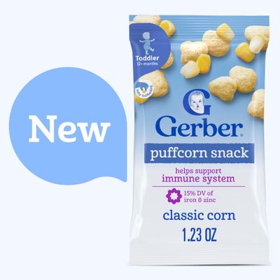 Gerber Toddler Snacks, Classic Corn Puffcorn Snack, Kernel Free, Heart Shaped, Zinc and Iron Helps Support Immune System, Toddler Food, 7-Pack