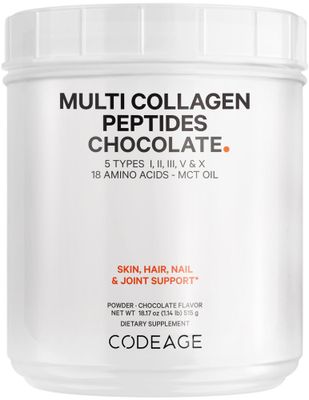 Codeage Multi Collagen Chocolate Protein Powder - Hydrolyzed Bovine Collagen Peptides, 5 Collagen Types &amp; MCT Oil - Collagen Creamer, Chocolate Collagen Peptides - Protein Shakes - Non-GMO - 18.17 oz