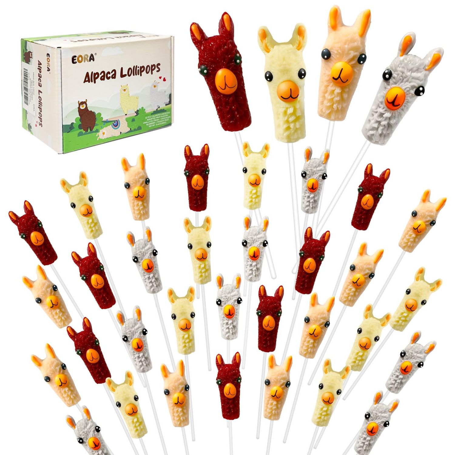 32 Pack Alpaca Lollipops Candy Suckers - Farm Animal Themed Party Occasions, Llama Candy Lollipops Individually Wrapped Bulk, A Taste of Farm, Birthday Party Favors - Assorted Fruit Flavors