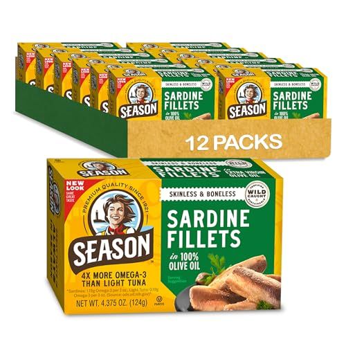 Season Sardines in Olive Oil - Skinless &amp; Boneless, Wild Caught, 22g of Protein, Keto Snacks, More Omega 3&#39;s Than Tuna, Kosher, High in Calcium, Canned Sardines - 4.37 Oz Tins, 12-Pack