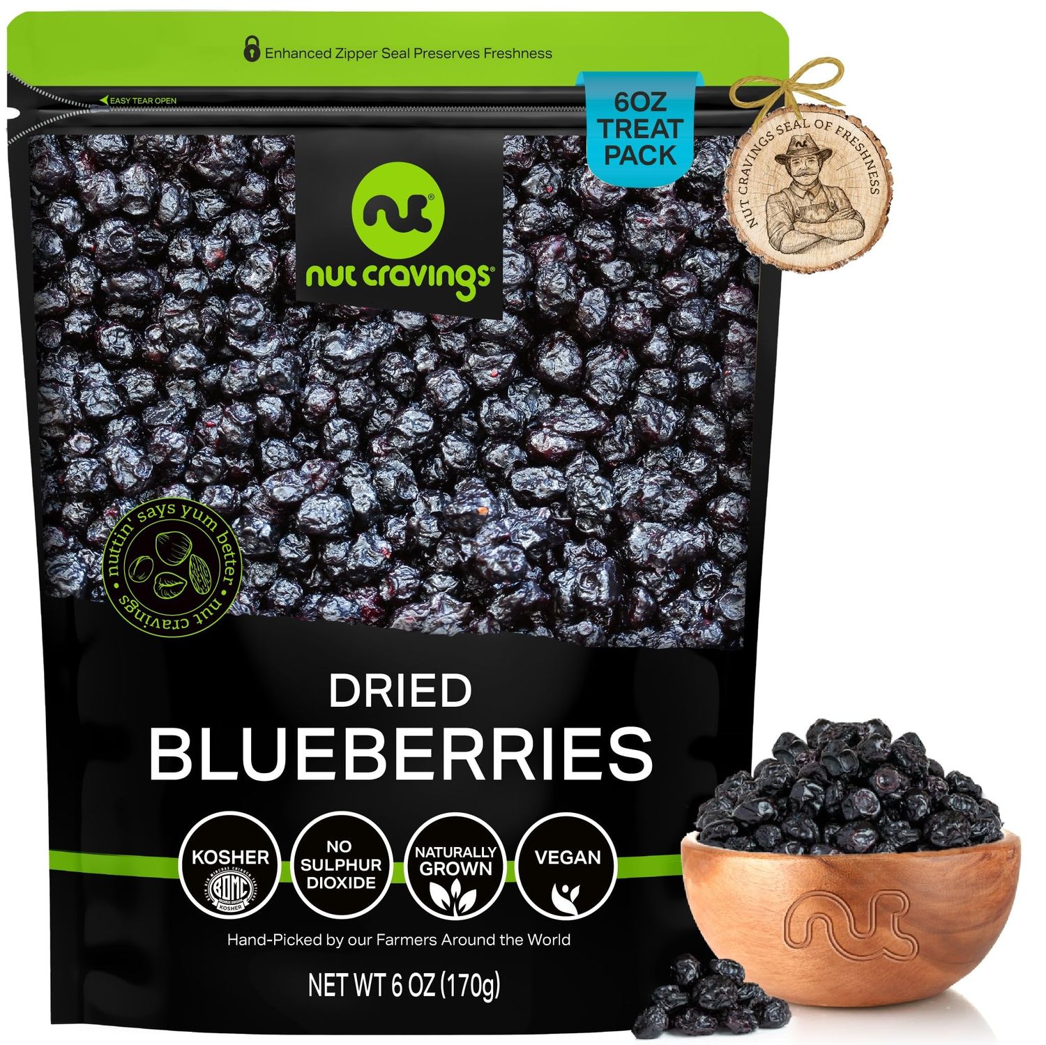 NUT CRAVINGS Dry Fruits - Sun Dried Blueberries, Lightly Sweetened (6oz - 1 Pack) Packed Fresh in Resealable Bag - Sweet Snack, Healthy Food, Naturally Grown, Vegan, Kosher Certified