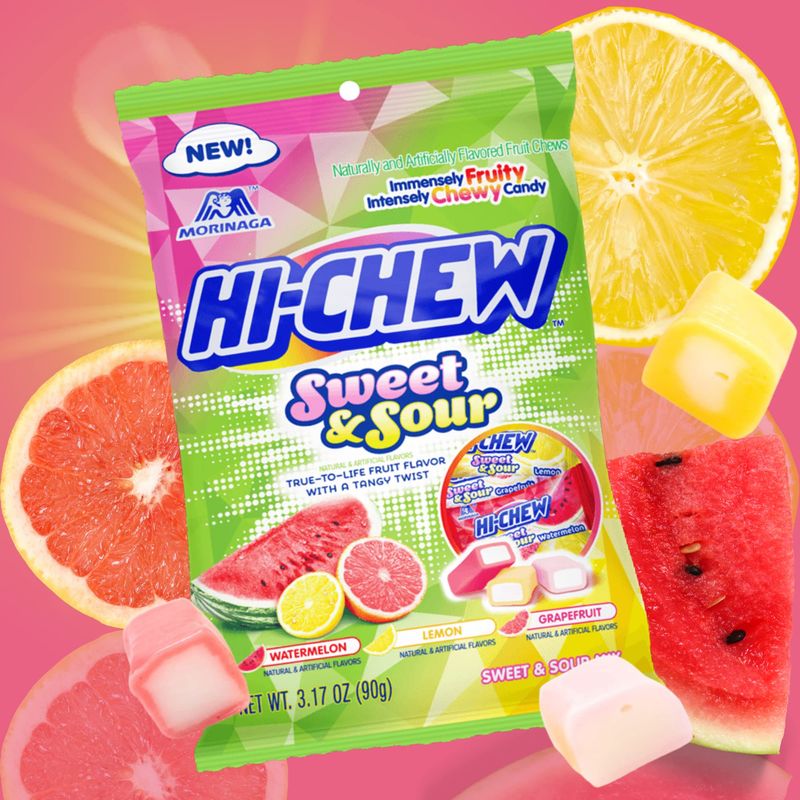 Sweetzo - Candy Sweet and Sour Mix, Watermelon, Grapefruit, and Lemon Individually Wrapped Chewy Candies, Pack of 3, 3.17 Ounces Each