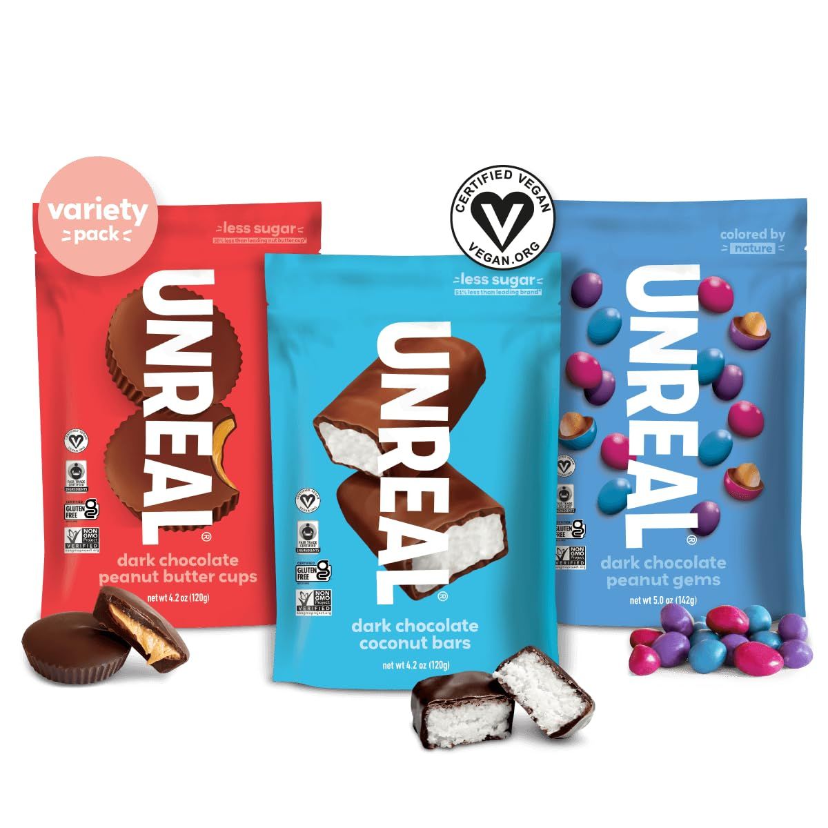 UNREAL Vegan Variety Pack  Less Sugar, Fair Trade, Non-GMO Ingredients with no Corn Syrup or Sugar Alcohols, No Soy (Vegan, 3 Bag Variety)