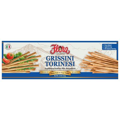 Flora Grissini Torinesi - Traditional Italian Thin Breadsticks, Oven-Baked &amp; Lightly Crisp - Authentic Imported Snack, Perfect for Pairing with Cheese, Soups &amp; Dips - 4.4 oz (125g)