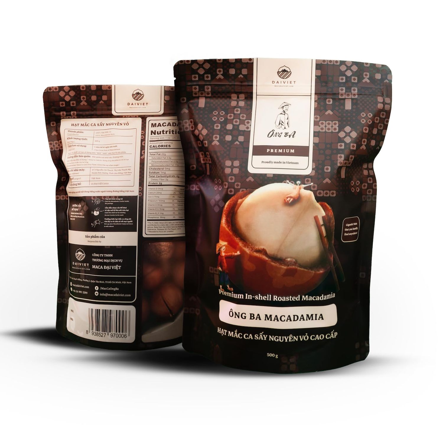 Ong Ba Premium Vietnamese Roasted Macadamia Nuts, Unsalted, In-shell  500g  17.6 oz  Pack of 2