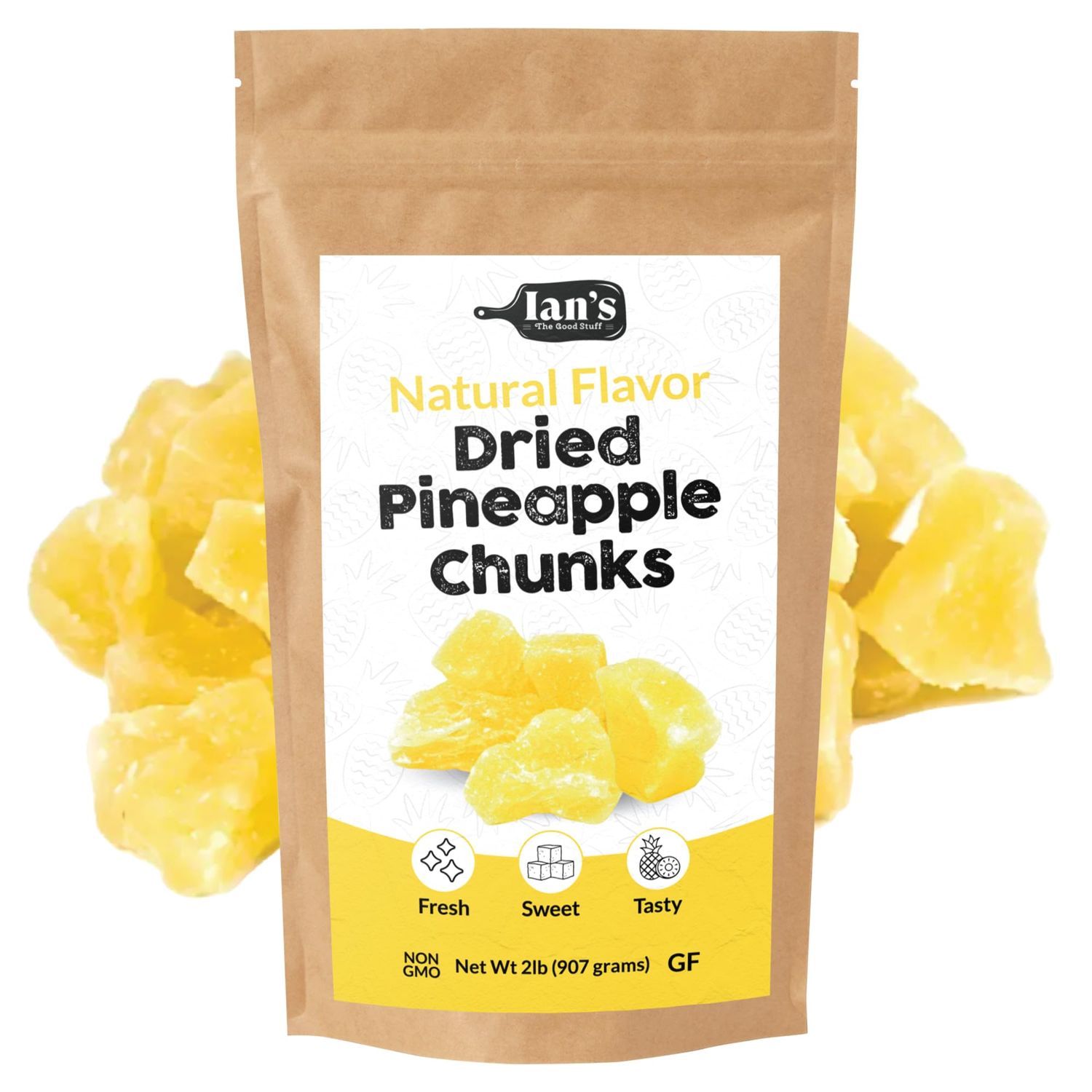 IAN&#39;s Dried Pineapple Chunks (2lb) Sweetened With Natural Cane Sugar - Dehydrated Pineapple Chunks, Candied Pineapple, Dried Fruit Energy Snacks