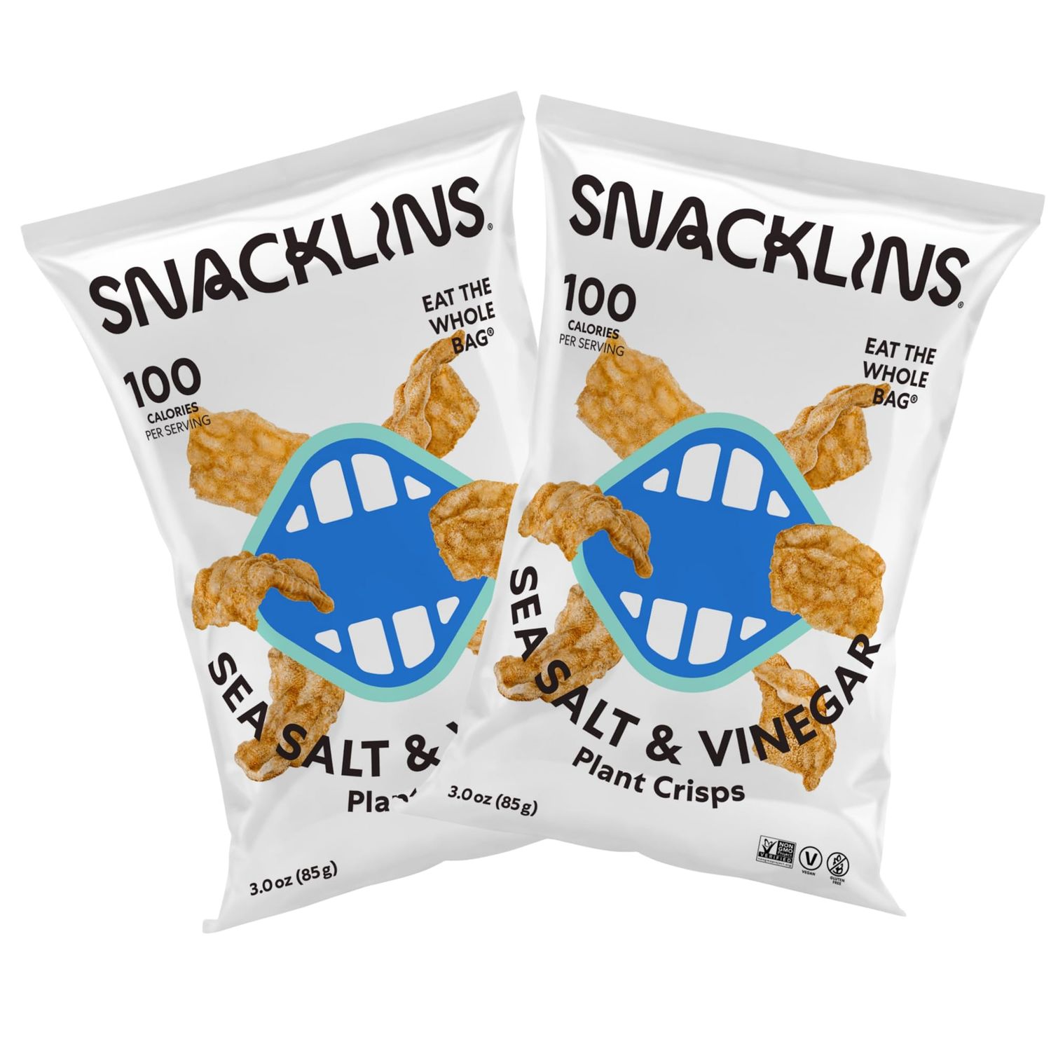 SNACKLINS Plant Based Crisps Vegan Healthy Snacks - Gluten Free, Grain Free, Plant Based Crisps, 100% Kosher, Low Calorie and No Added Sugar, Crunchy, Puffed Snack, Sea Salt &amp; Vinegar 3oz, 2 packs