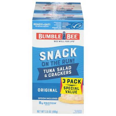 Bumble Bee Snack On The Run Tuna Salad with Crackers Kit, 3.5 oz (Pack of 3) - Ready to Eat, Spoon Included - Wild Caught Tuna - Shelf Stable &amp; Convenient Protein Snack
