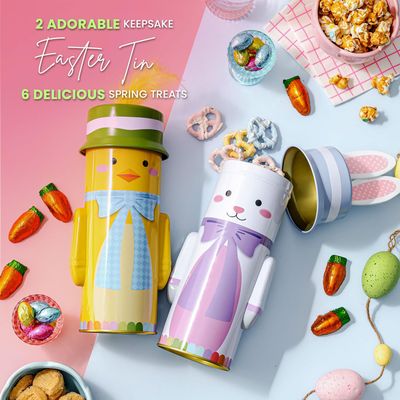 Easter Gift Basket  Snack and Treat Filled Easter Candy Bunny and Chick Tins  Perfect for Kids, Families, 2 Count  Bonnie and Pop