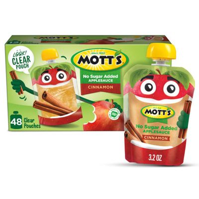 Mott&#39;s No Sugar Added Cinnamon Applesauce, 3.2 Oz Clear Pouches, 48 Count (4 Packs Of 12), Good Source Of Vitamin C, No Artificial Flavors