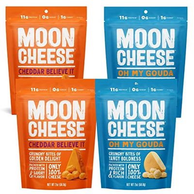 Moon Cheese, 100% Cheese, Low-carb 2 oz, Keto-Friendly, high protein 4 Pack (2 Cheddar, 2 Gouda) snack alternative to protein bars, cookies, and shakes
