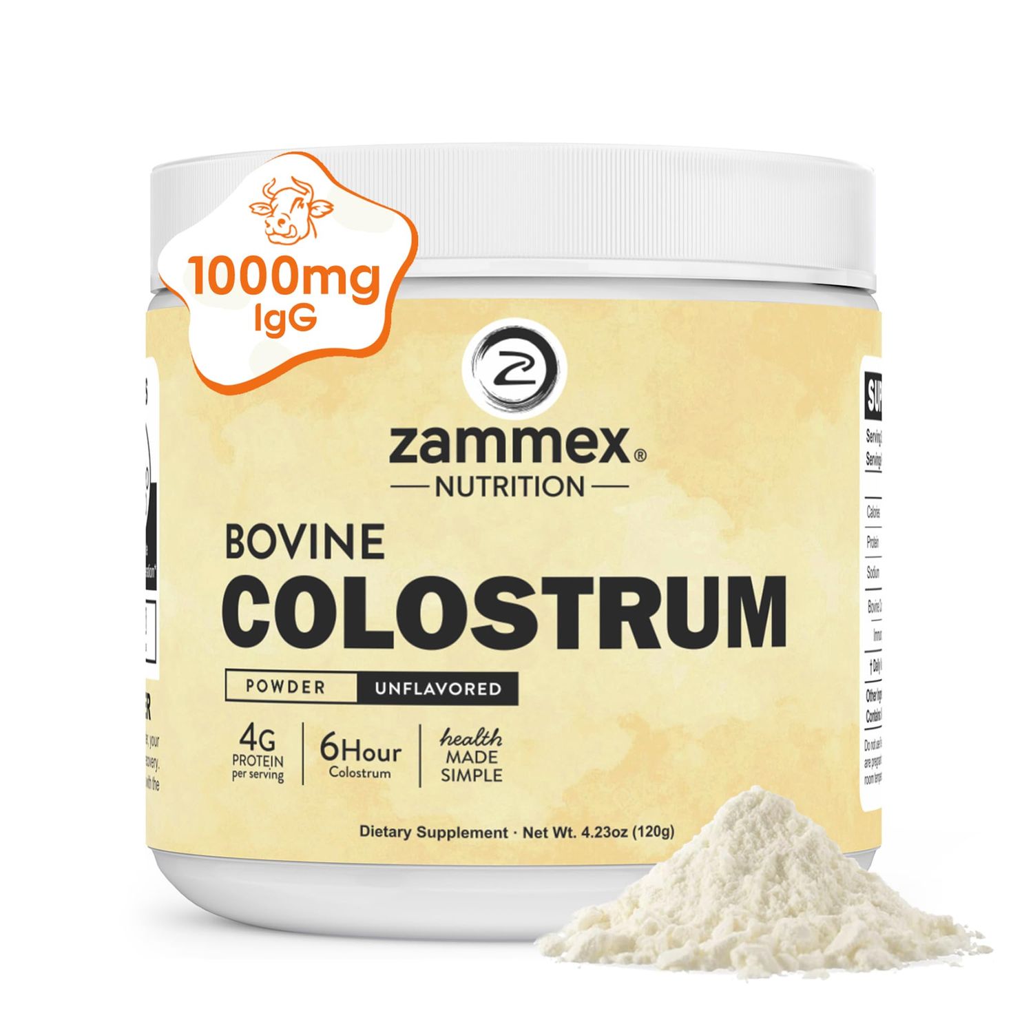 Zammex Bovine Colostrum Powder 4000MG for Immune Support, Gut Health, Hair Growth, Grass Fed Organic Colostrum Supplement for Humans Superfood Easy to Mix, 4g Protein, Unflavored, 30 Servings