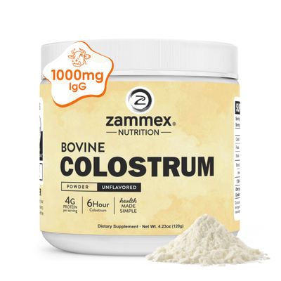 Zammex Bovine Colostrum Powder 4000MG for Immune Support, Gut Health, Hair Growth, Grass Fed Organic Colostrum Supplement for Humans Superfood Easy to Mix, 4g Protein, Unflavored, 30 Servings