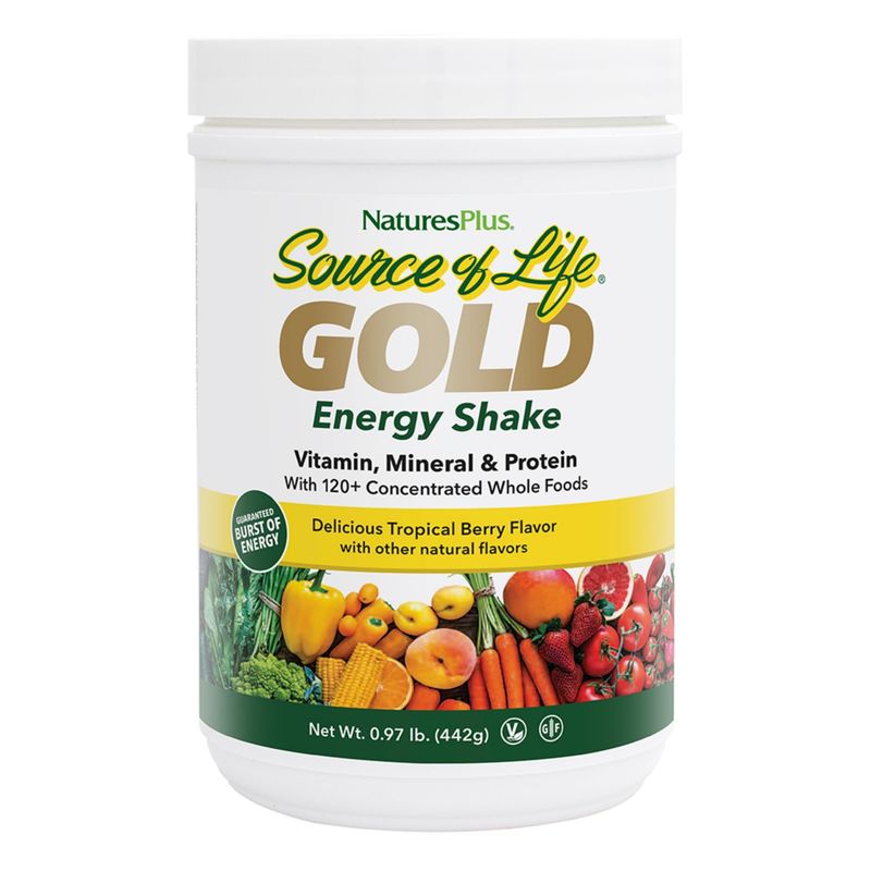 Natures Plus Source of Life Gold Energy Shake - 0.97 lb - Tropical Berry Flavor - Vitamin, Mineral &amp; Protein Formula with 120 Concentrated Whole Foods - Vegetarian &amp; Gluten Free - 13 Servings