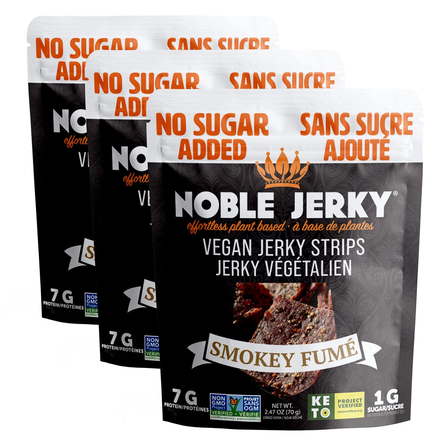 Noble Jerky - Vegan Keto Smokey Strips, High-Protein Vegetarian Jerky, Plant-Based Snack, 2.47 oz (3 Pack)