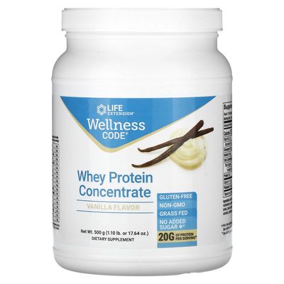 Life Extension Wellness Code Whey Protein Concentrate 20g Muscle Growth &amp; Immune Health - Sourced From Grass-Fed, Free-Range, Hormone-Free Cows, Non-GMO, No Added Sugar, Vanilla- 500g