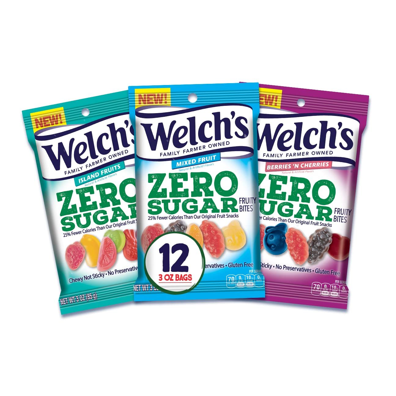 Welch&#39;s Zero Sugar Fruity Bites, Variety Pack with Mixed Fruit Snacks, Berries &#39;N Cherries &amp; Island Fruit, Variety Case, 3 oz (pack of 12)