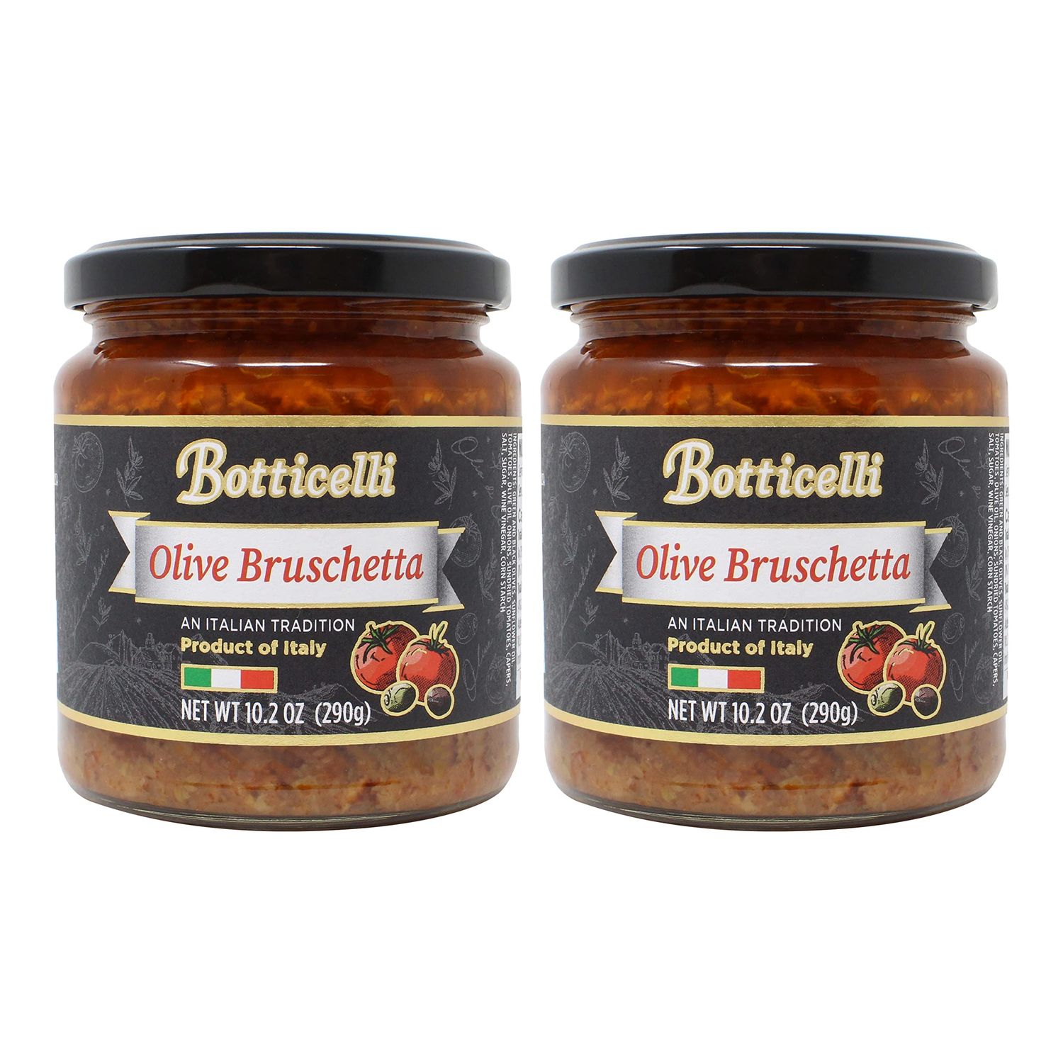 Olive Bruschetta by Botticelli, 10.2oz Jars (Pack of 2) - Premium Italian Appetizer - Gluten-Free - Green &amp; Black Olives, Onions, Sundried Tomatoes, and Olive Oil