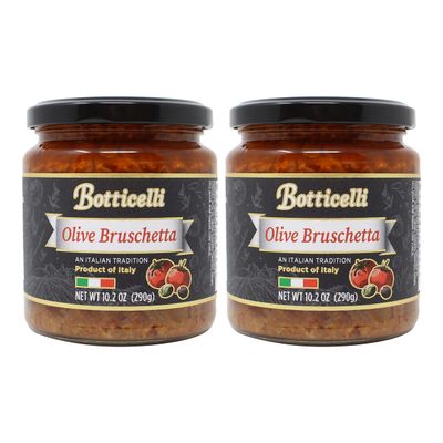 Olive Bruschetta by Botticelli, 10.2oz Jars (Pack of 2) - Premium Italian Appetizer - Gluten-Free - Green &amp; Black Olives, Onions, Sundried Tomatoes, and Olive Oil