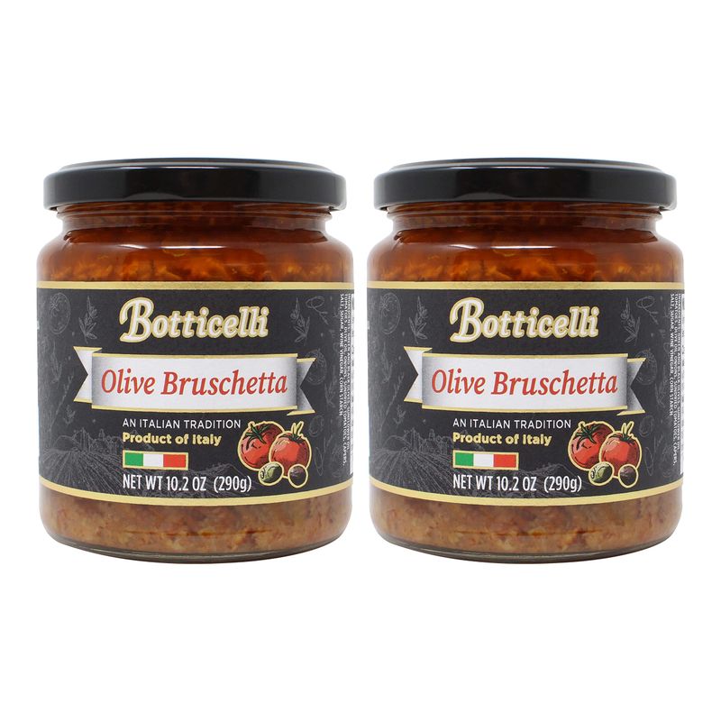Olive Bruschetta by Botticelli, 10.2oz Jars (Pack of 2) - Premium Italian Appetizer - Gluten-Free - Green &amp; Black Olives, Onions, Sundried Tomatoes, and Olive Oil