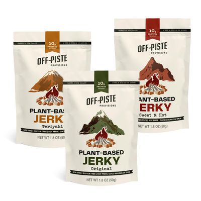 Off-Piste Variety Pack Plant-Based Jerky, 1.8oz., Pack of 3 - High Protein Healthy Snacks Vegan Jerky for Recovery, School, Office, 23g Protein Vegan Snack, Low Carb, Gluten Free, Non-GMO &amp; Soy Free