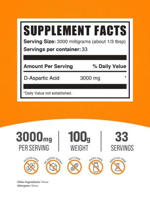 BulkSupplements.com D-Aspartic Acid Powder - D-Aspartic Acid Supplement for Men, Unflavored Amino Acid - Pure &amp; Gluten Free, 3g per Serving, 100g (3.5 oz) (Pack of 1)