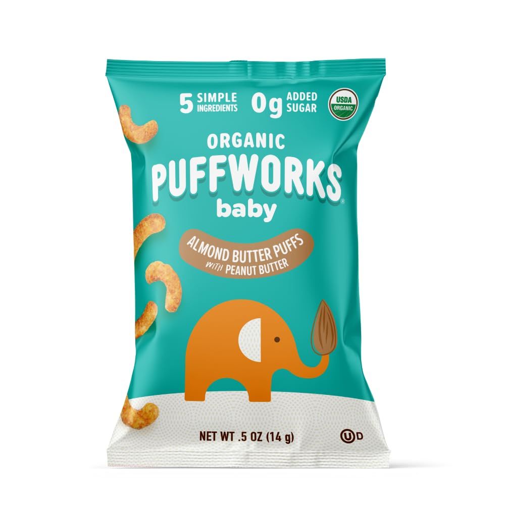 Puffworks Baby Organic Almond Butter Puffs, with Peanut Butter, Plant-Based Protein, USDA Organic, Gluten-Free, Vegan, Non-GMO, Kosher, 0.5 Ounce (Pack of 12)