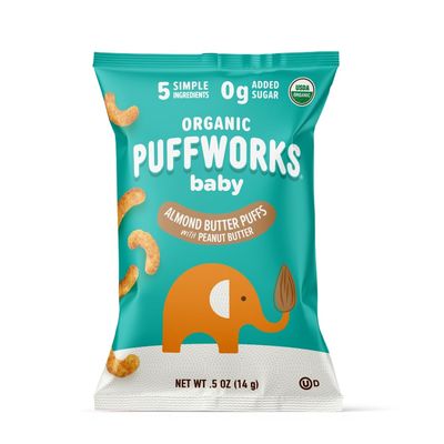 Puffworks Baby Organic Almond Butter Puffs, with Peanut Butter, Plant-Based Protein, USDA Organic, Gluten-Free, Vegan, Non-GMO, Kosher, 0.5 Ounce (Pack of 12)