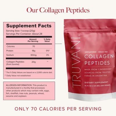 Truvani Hydrolyzed Collagen Peptides  Unflavored  28 Servings  20g Grass-Fed Collagen Protein Powder  Promotes Hair, Skin, and Nail Health  Dairy &amp; Gluten Free  Women &amp; Men  Package May Vary