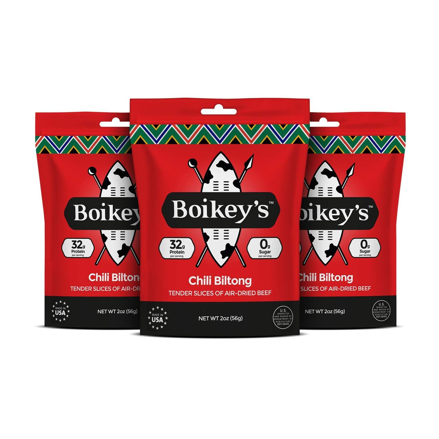 Boikeys Biltong  South African Style Beef Jerky. Gluten Free. No Sugar. Keto Friendly. (Chili, 3 pack - 2 ounce pouches)