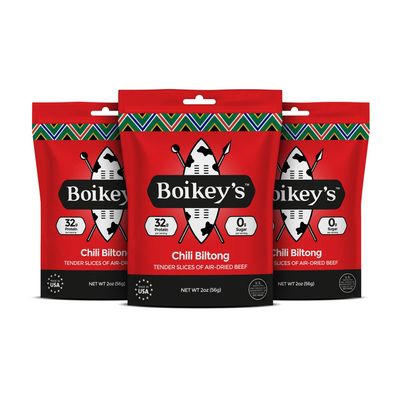 Boikeys Biltong  South African Style Beef Jerky. Gluten Free. No Sugar. Keto Friendly. (Chili, 3 pack - 2 ounce pouches)