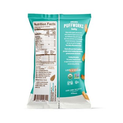 Puffworks Baby Organic Almond Butter Puffs, with Peanut Butter, Plant-Based Protein, USDA Organic, Gluten-Free, Vegan, Non-GMO, Kosher, 0.5 Ounce (Pack of 12)